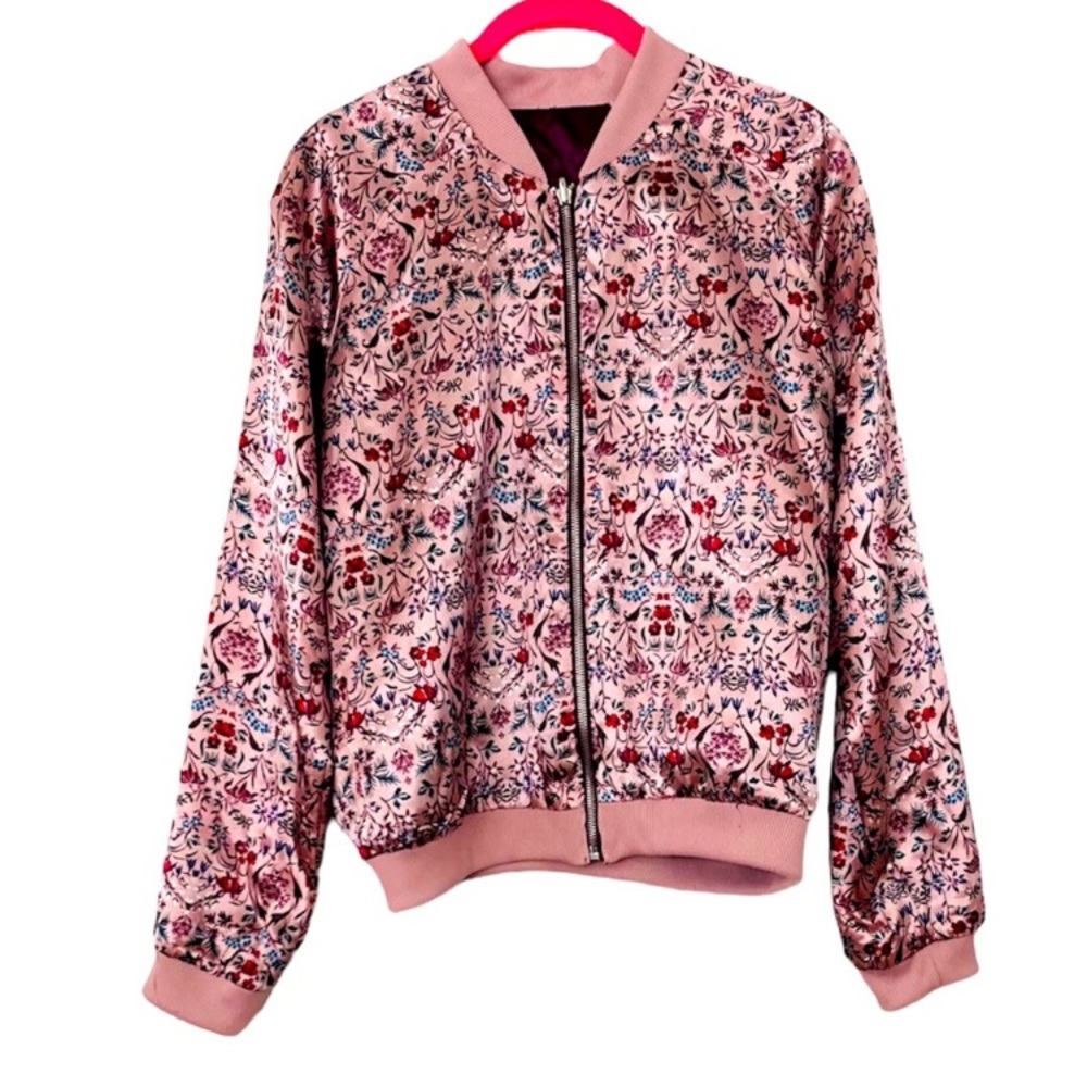 Boho bohemian Rose Floral Reversible Lightweight Bomber Jacket Medium